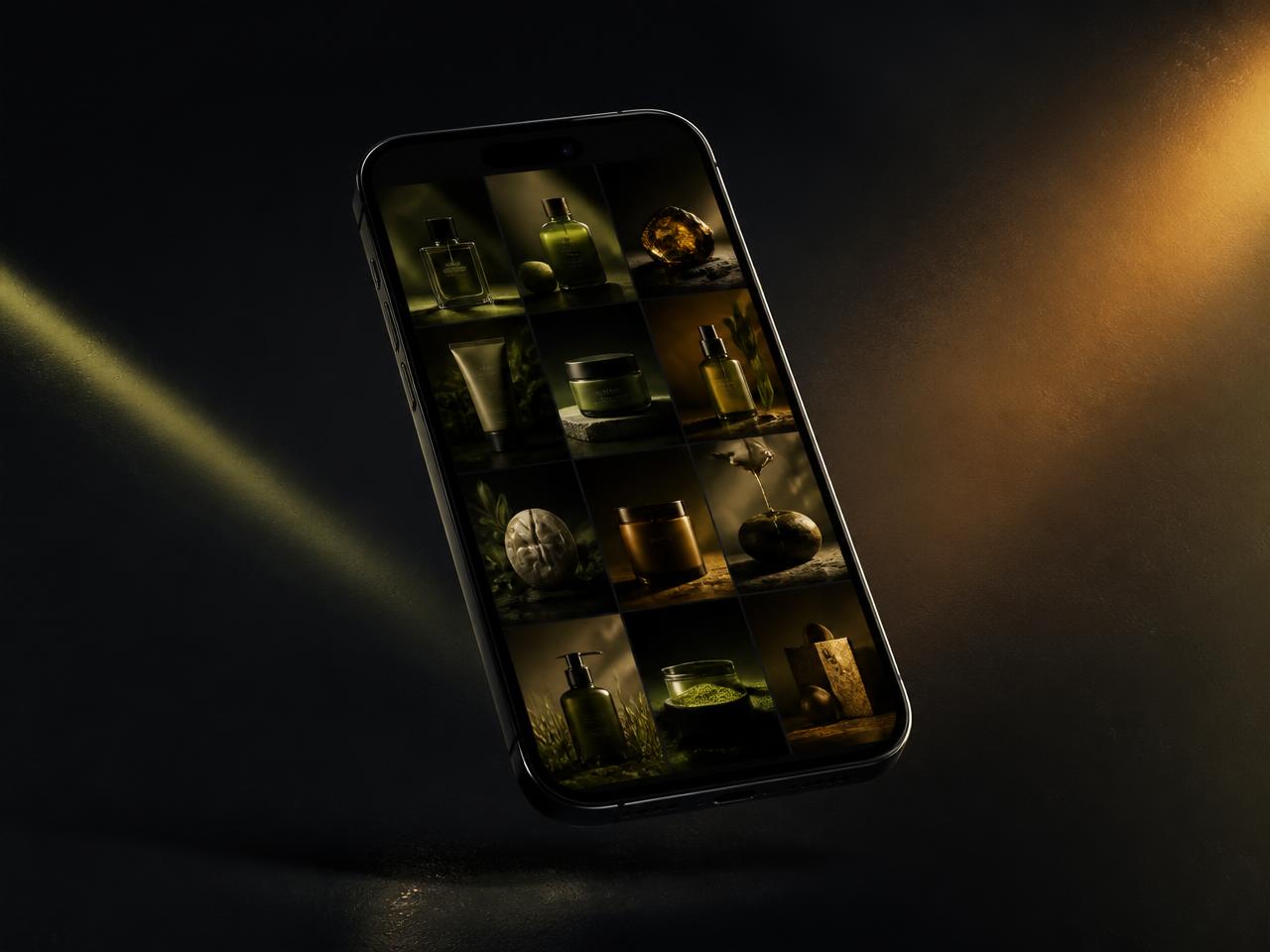 OmniContent AI generating a grid of product-led social media posts on a phone